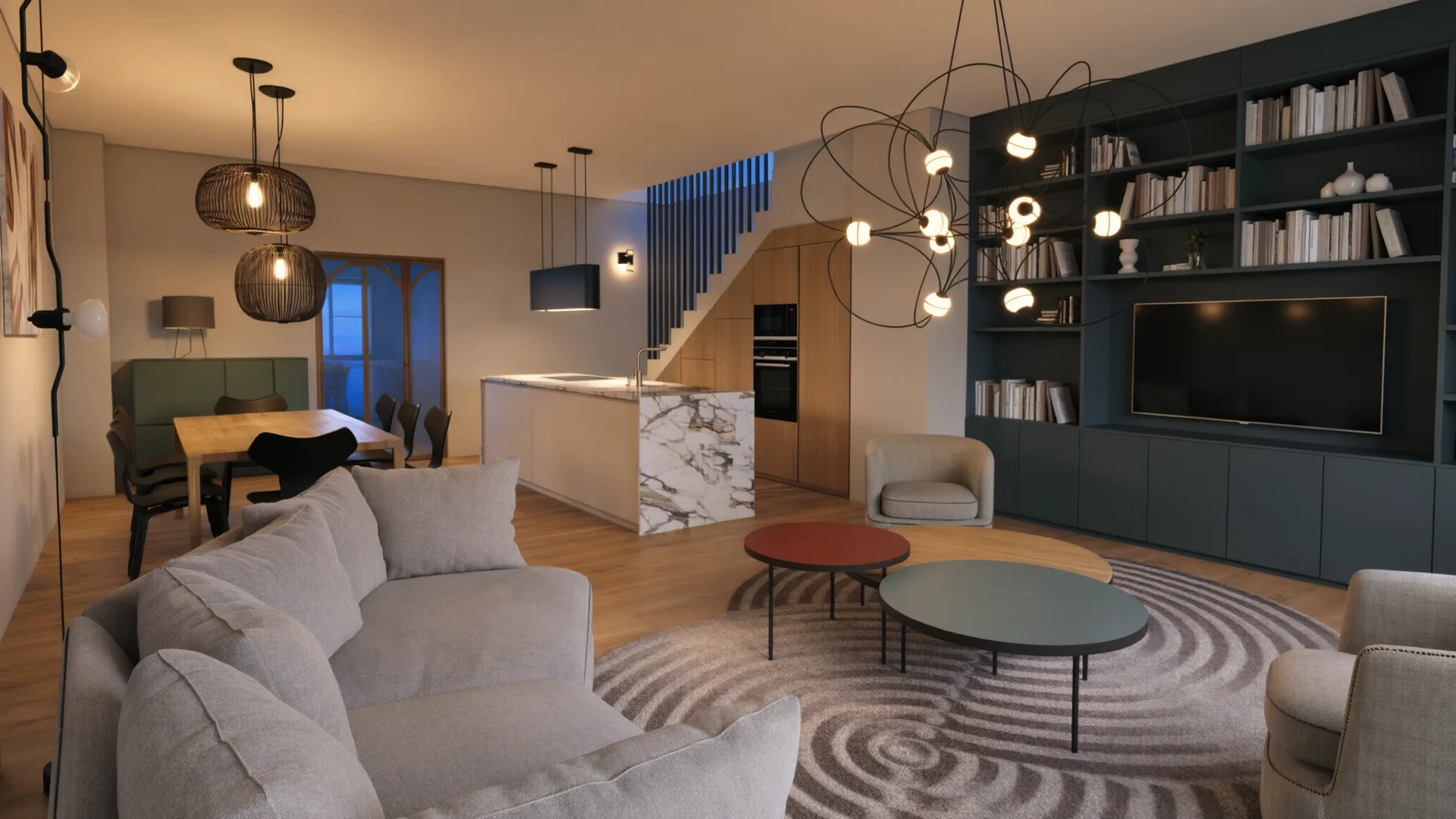 Le même séjour le soir, lampes allumées
